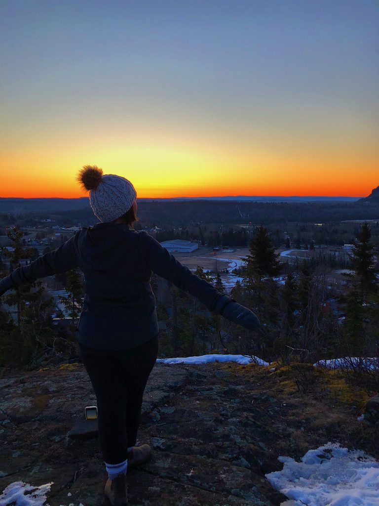 Feeling Good Natured Hiker at sunset near Mazukama Falls in Nipigon, Ontario