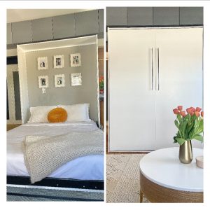 collage of side by side of murphy bed folded away and then assembled